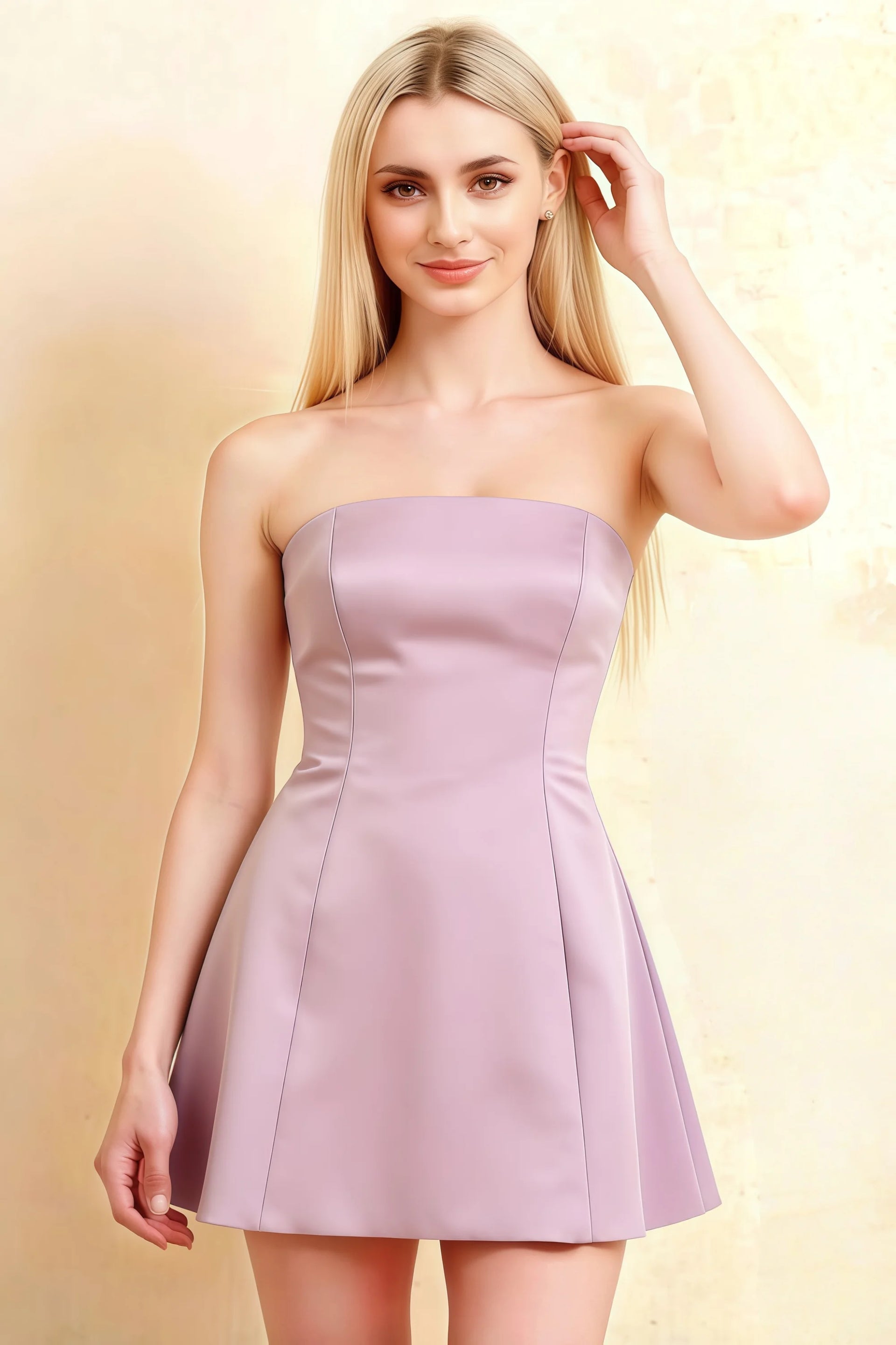 Front view of LVLVS Candice lilac strapless mini dress with neck scarf, smooth crepe texture for day party elegance