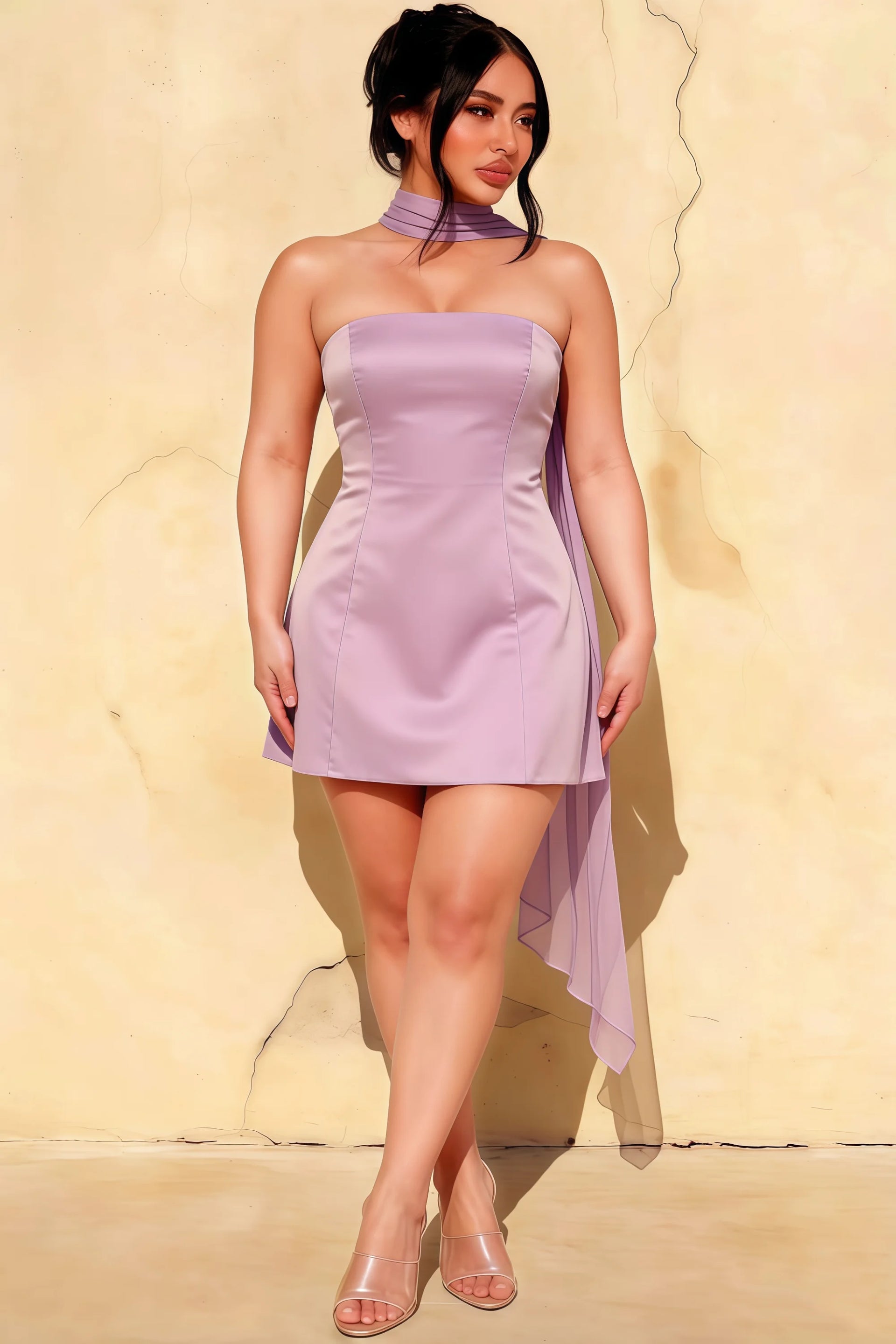 Curve model in LVLVS Candice lilac strapless mini dress with neck scarf, textured wall backdrop for wedding guest outfit