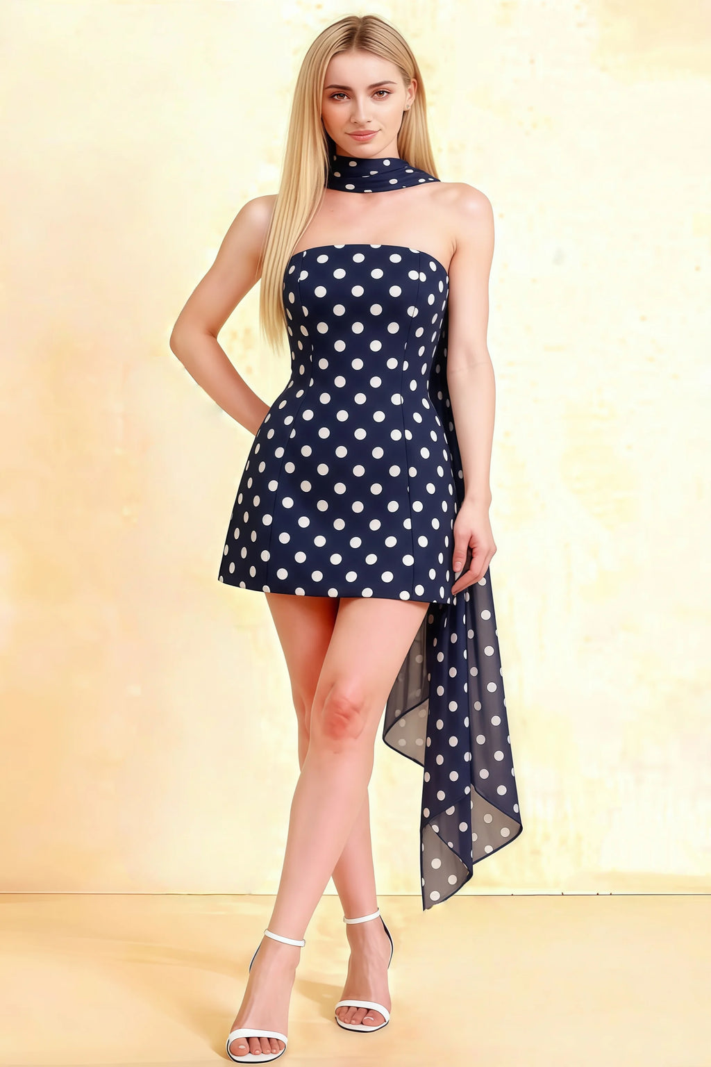 LVLVS Candice Navy Polka Dot Strapless Mini Dress with Neck Scarf for Cocktail Parties & Classy Brunch Events