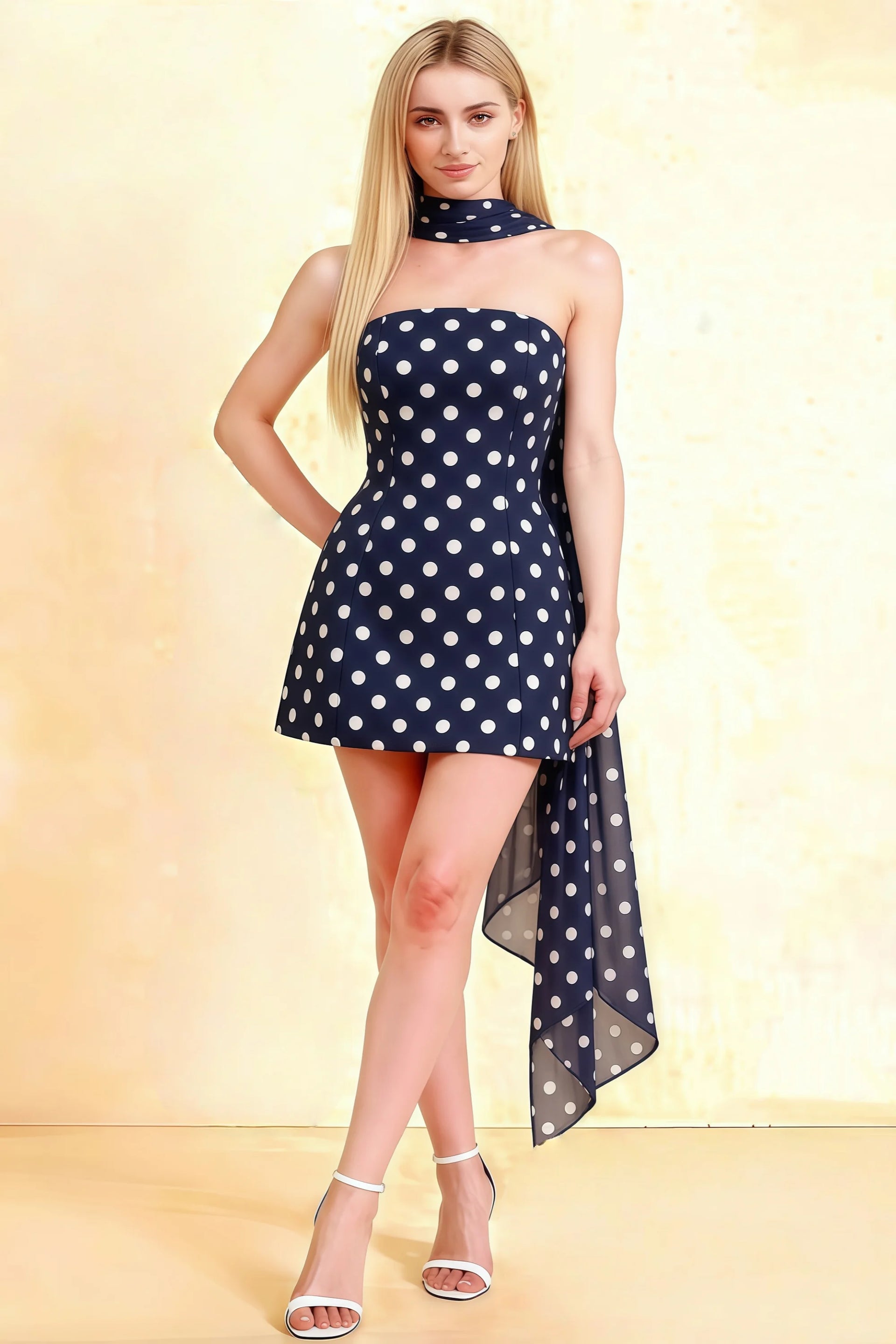 LVLVS Candice Navy Polka Dot Strapless Mini Dress with Neck Scarf for Cocktail Parties & Classy Brunch Events