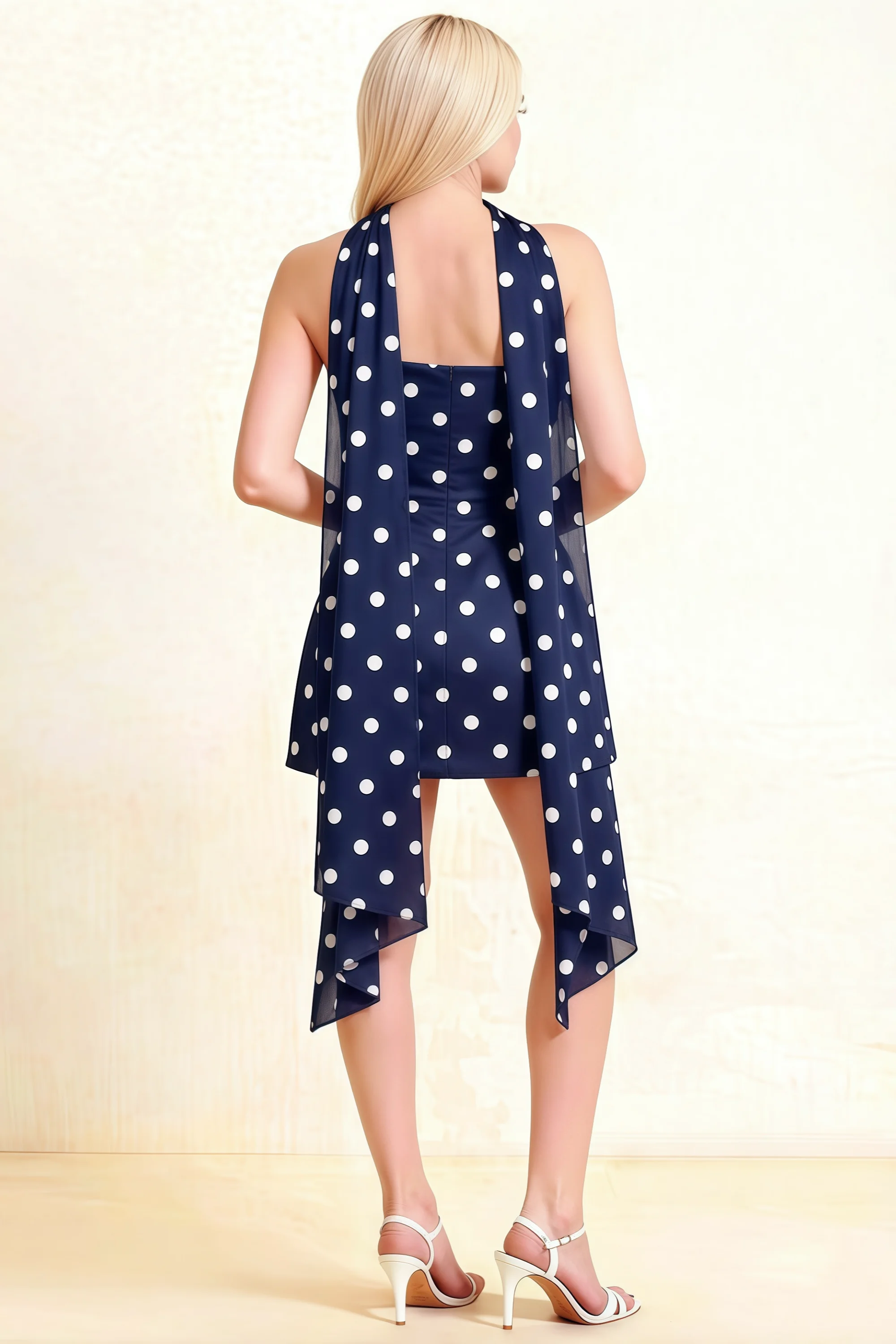 Candice Navy Polka Dot Strapless Mini Dress with Neck Scarf Secondary image