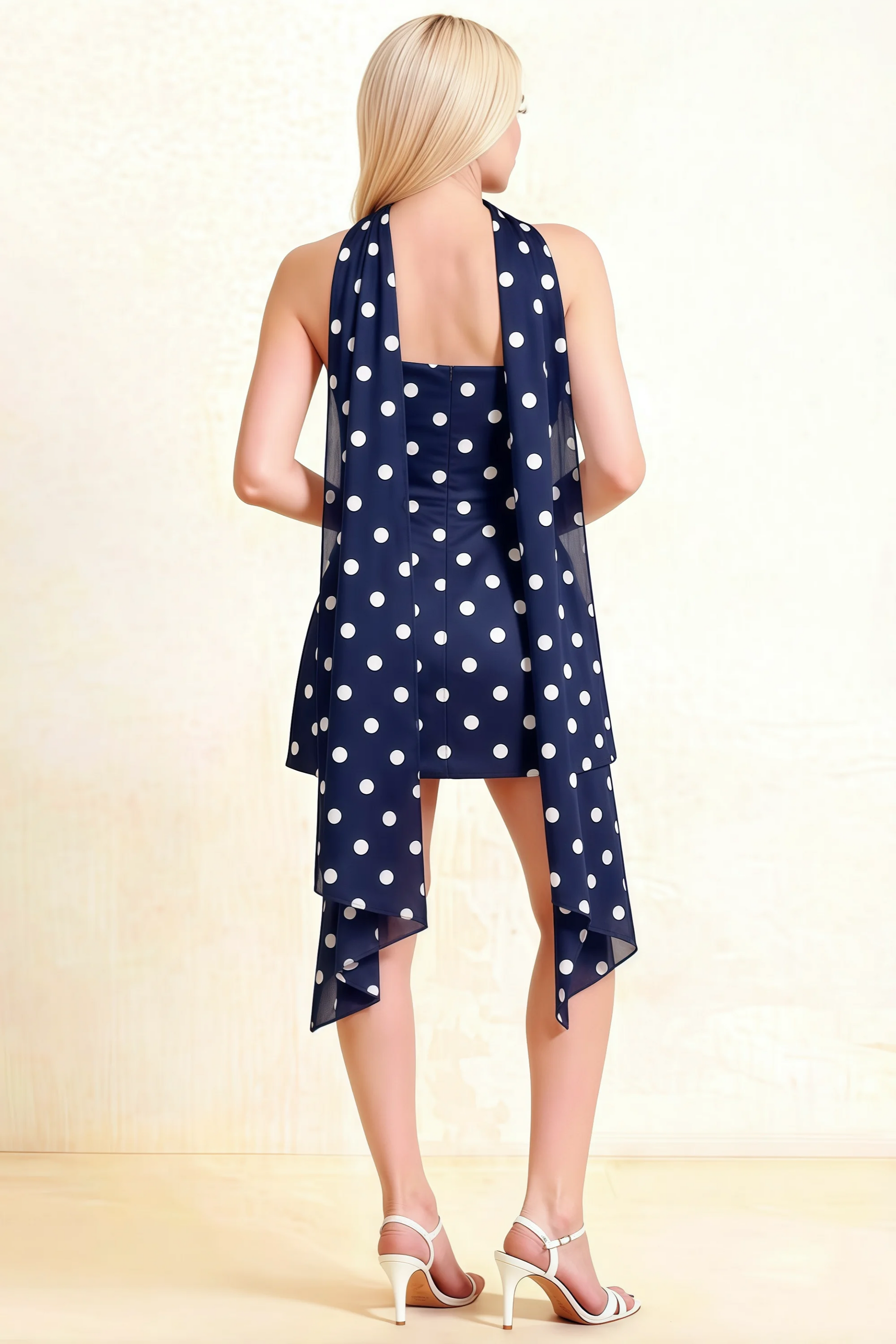 Back View of LVLVS Candice Navy Blue Crepe Dress with Flowy Chiffon Scarf Detail for Formal Semi-Formal Occasions