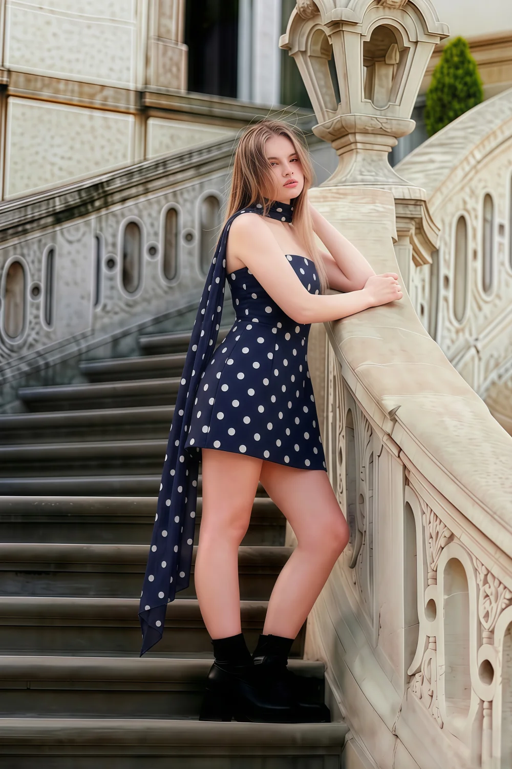 Real Customer Photo of LVLVS Candice Strapless Mini Dress with Chiffon Scarf Worn on City Streets for Casual Daytime Events