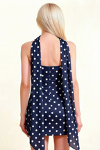 Elegant Back Design of LVLVS Candice Navy Blue Mini Dress with Draped Chiffon Scarf for Classy Social Gatherings