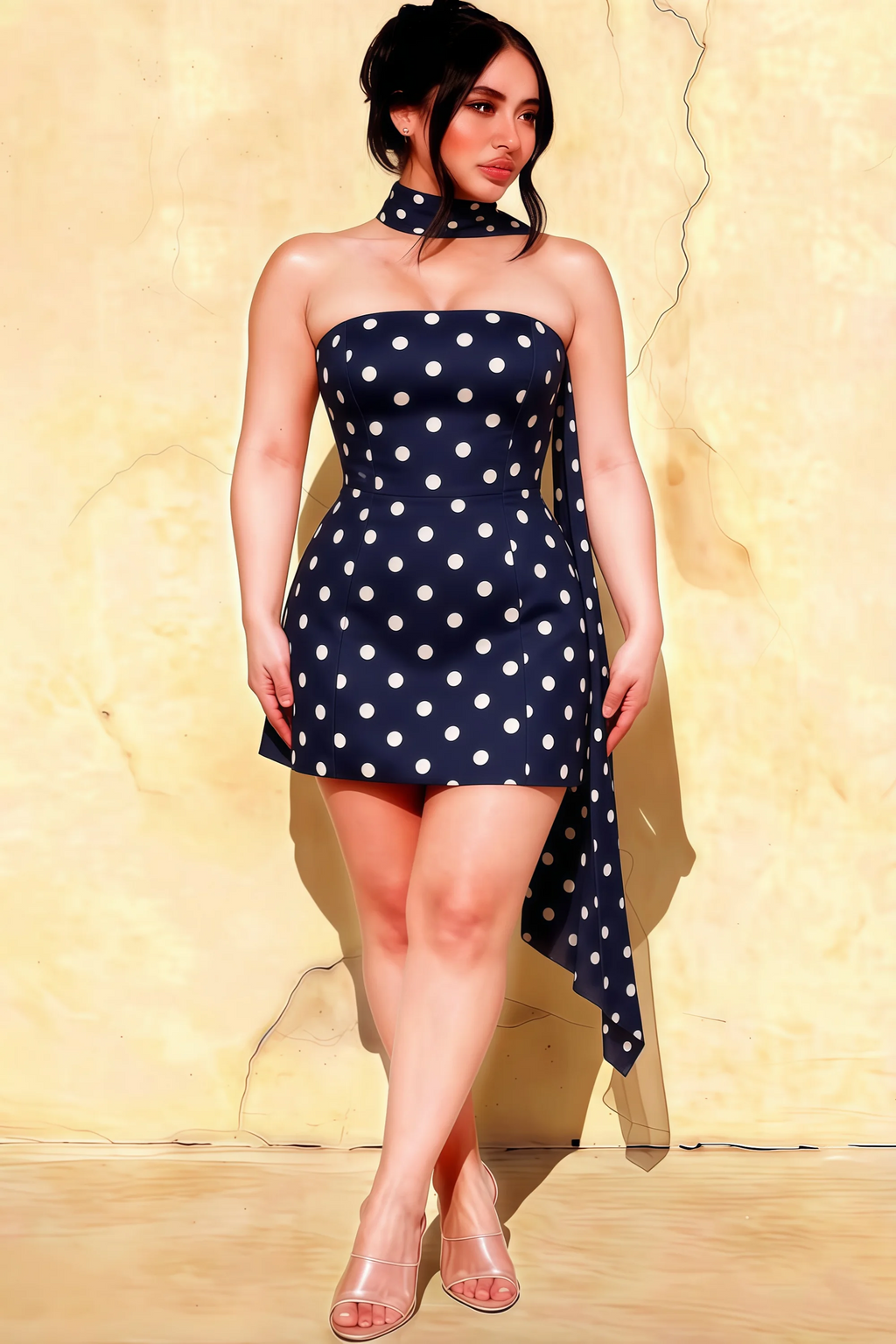Plus Size Model in LVLVS Candice Navy Polka Dot Crepe Dress with Chiffon Neck Scarf for Curvy Women's Semi-Formal Parties