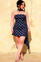 Plus Size Model in LVLVS Candice Navy Polka Dot Crepe Dress with Chiffon Neck Scarf for Curvy Women's Semi-Formal Parties
