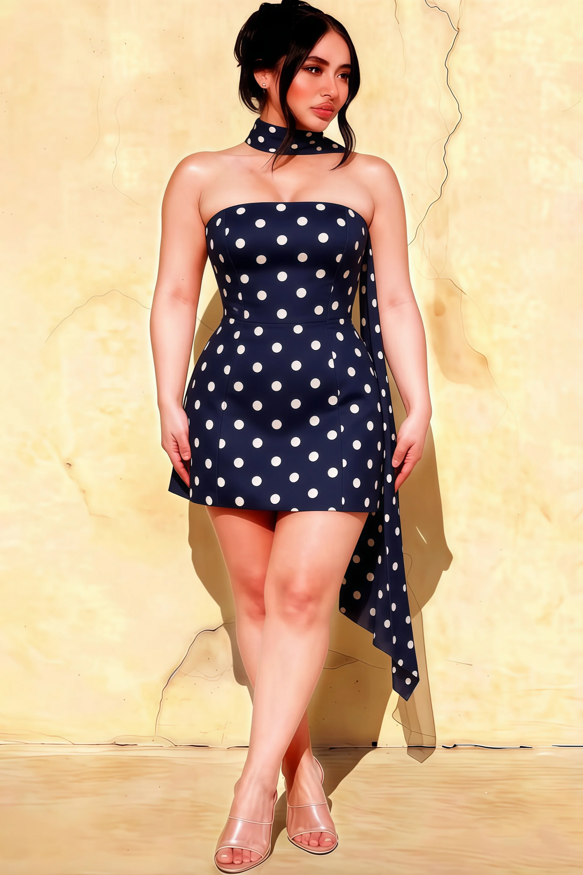 Plus Size Model in LVLVS Candice Navy Polka Dot Crepe Dress with Chiffon Neck Scarf for Curvy Women's Semi-Formal Parties