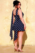 Curvy Model Back View Wearing LVLVS Candice Navy Blue Mini Dress with Long Chiffon Scarf for Elegant Evening Events