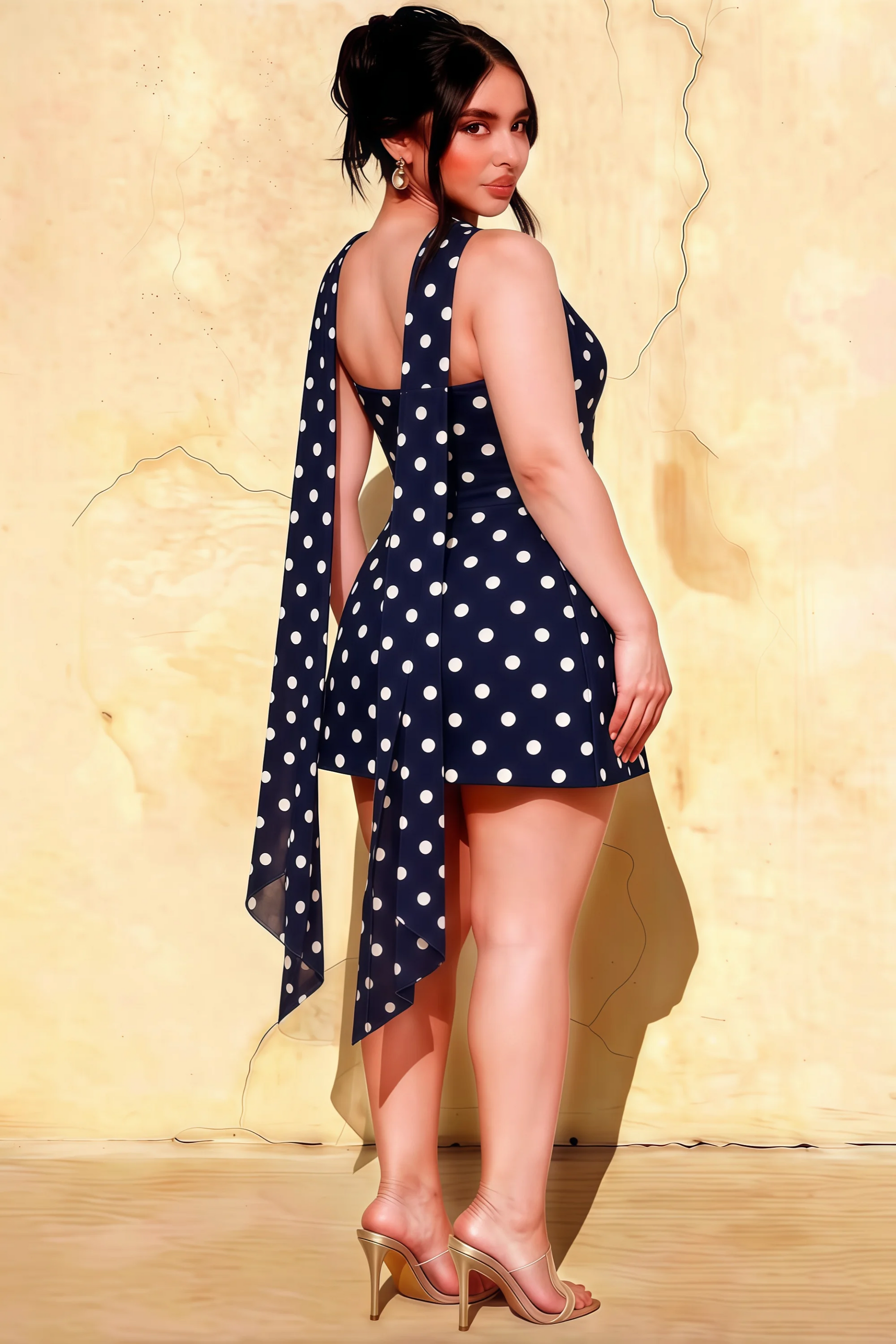 Curvy Model Back View Wearing LVLVS Candice Navy Blue Mini Dress with Long Chiffon Scarf for Elegant Evening Events