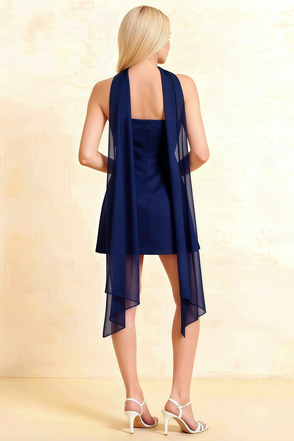 Back View LVLVS Navy Blue Crepe Candice Dress Chiffon Scarf Open Back Semi-Formal Bridesmaid Dress