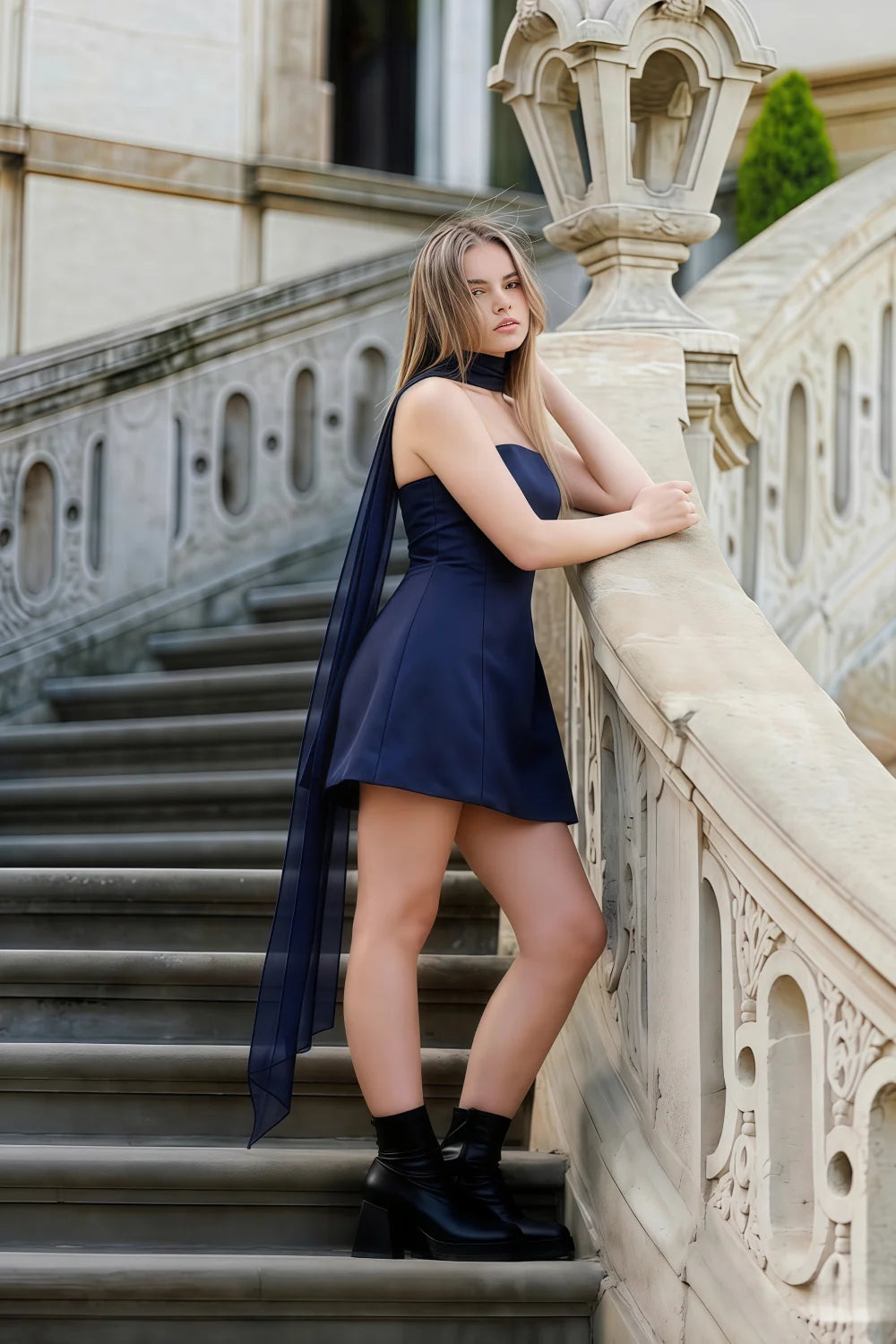 Customer Wearing LVLVS Navy Crepe Candice Dress Chiffon Scarf City Sightseeing Street Style Casual Dress