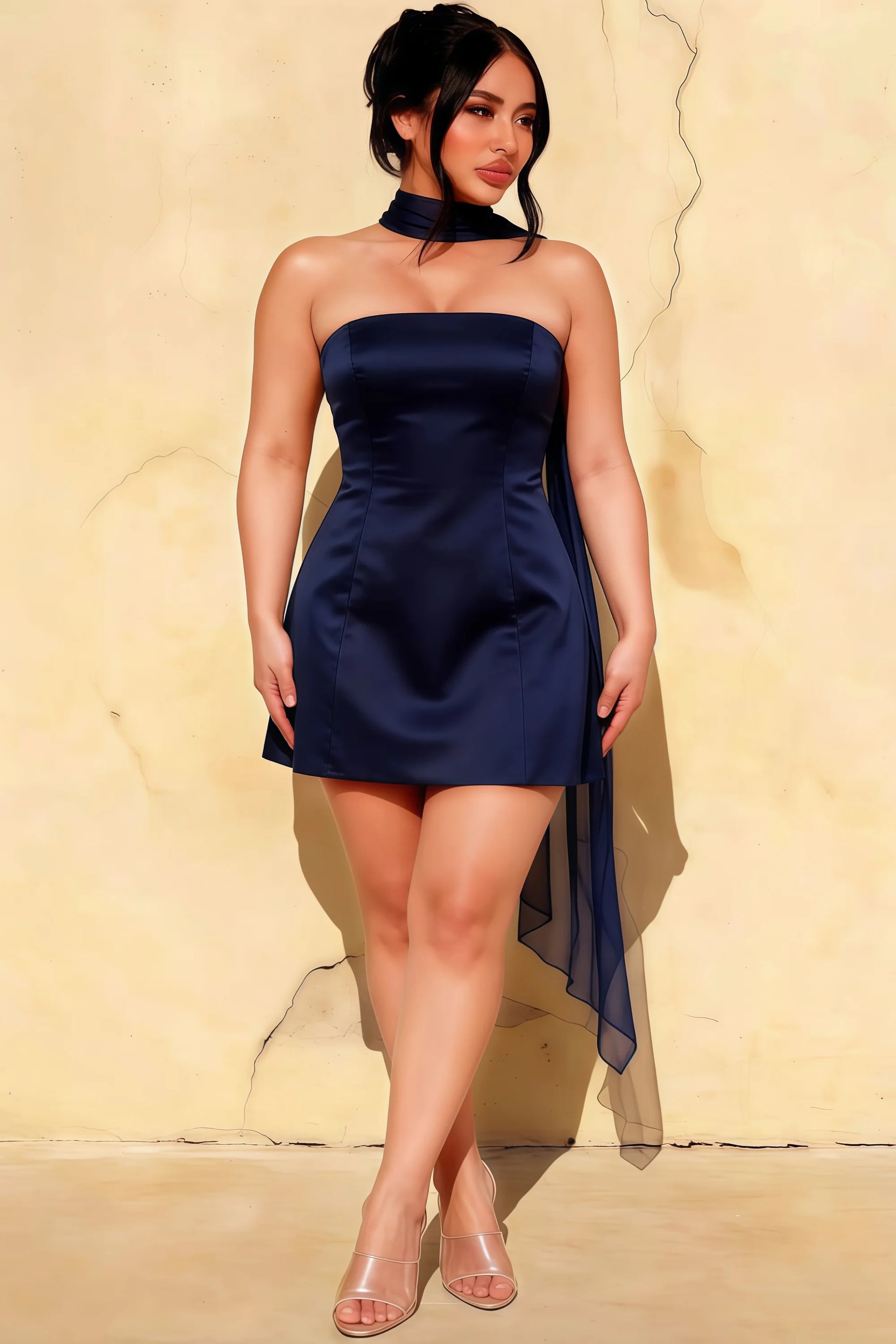 Plus Size Model LVLVS Navy Crepe Candice Dress Chiffon Scarf Inclusive Size Party Cocktail Dress