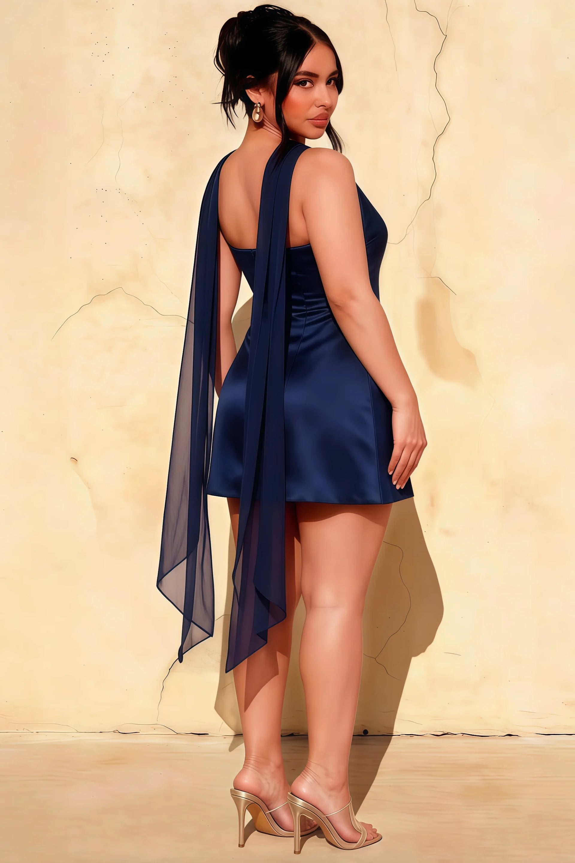 Plus Size Back View LVLVS Navy Crepe Candice Dress Chiffon Scarf Open Back Formal Graduation Dress