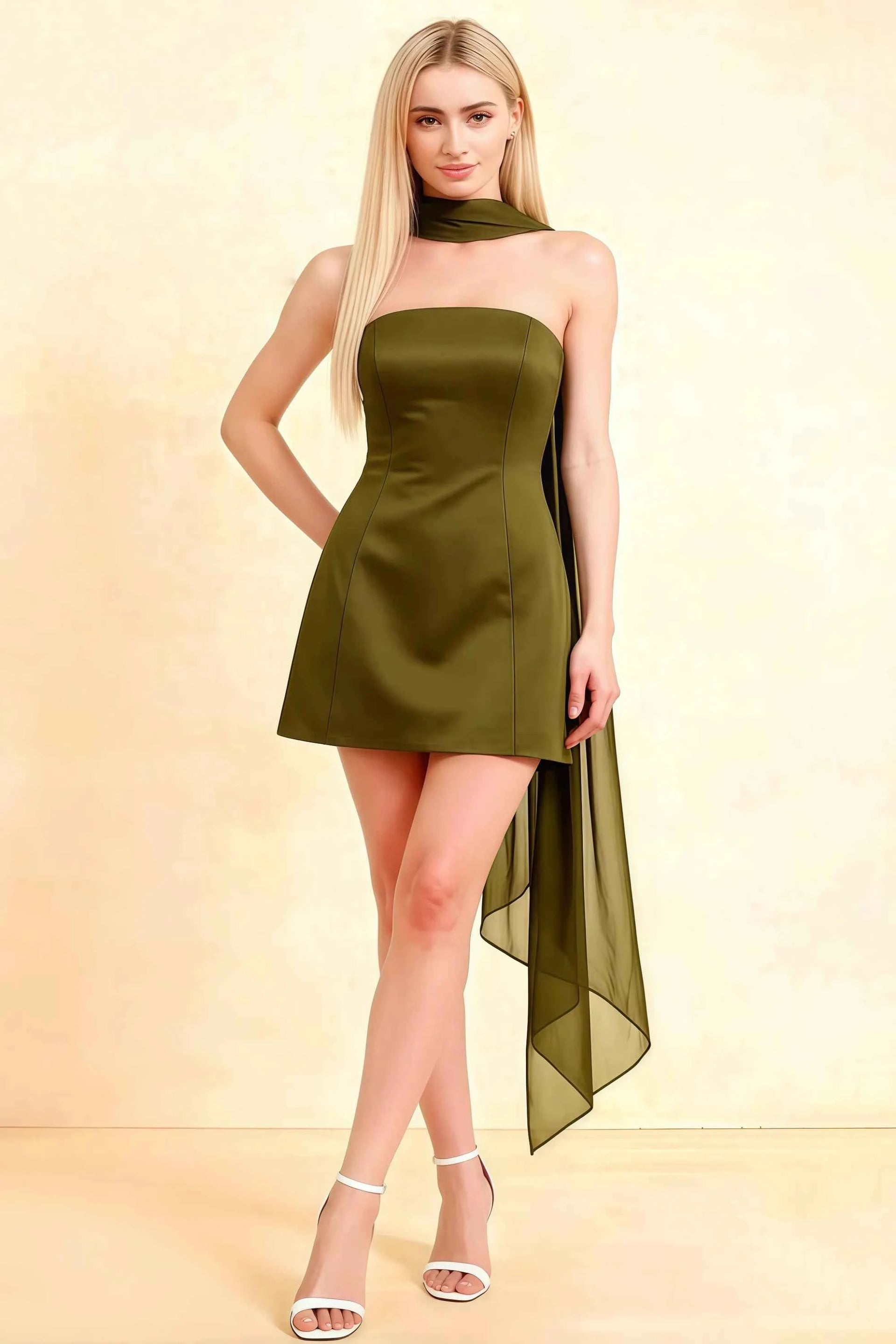 LVLVS Women's Candice Olive Crepe Mini Dress with Chiffon Neck Scarf for Brunch and Daytime Parties