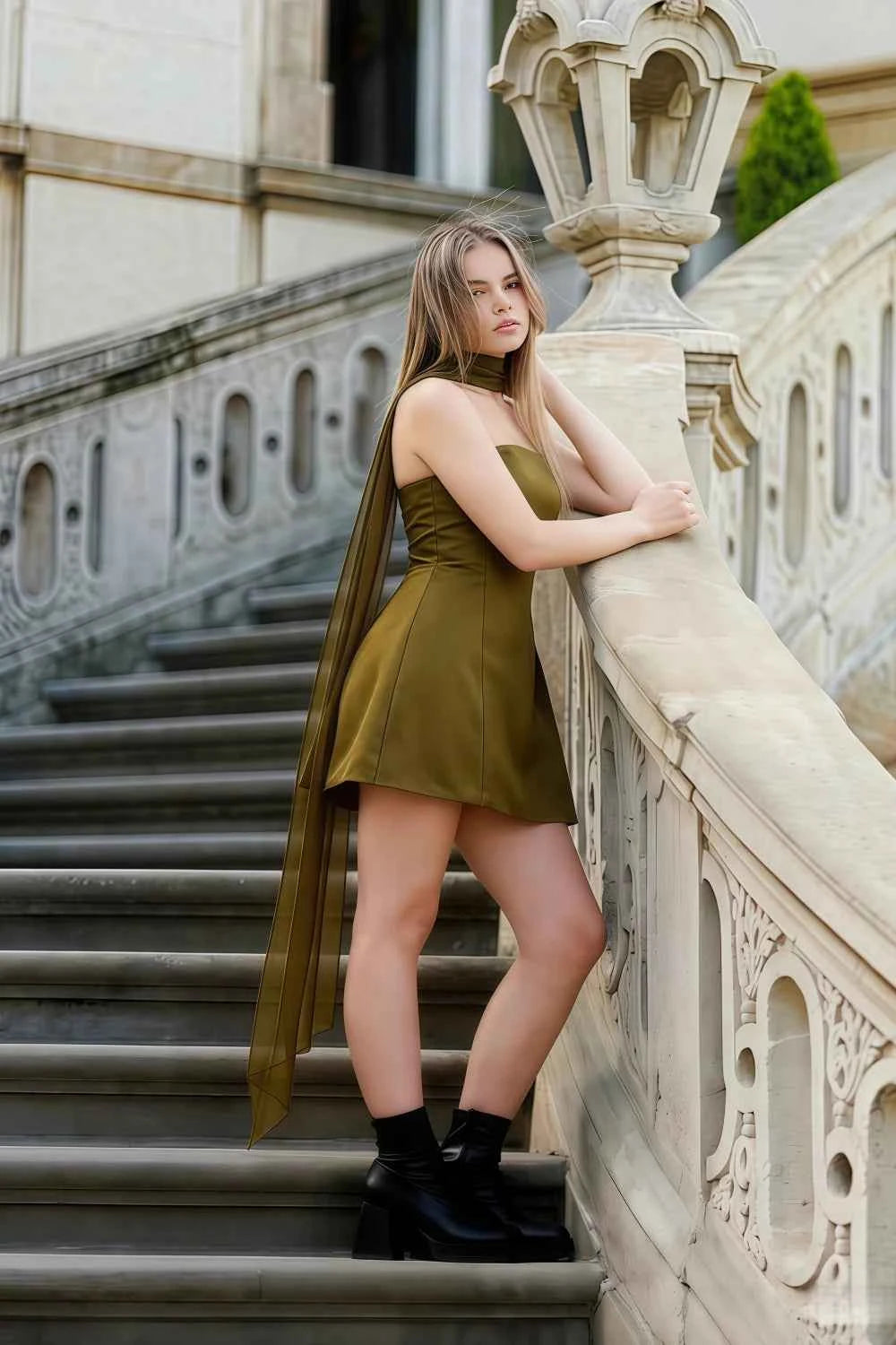 Plus Size Model in LVLVS Candice Olive Crepe Dress Leaning on Stairs for City Street Style Lookbook