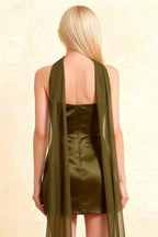Full Length Back View of LVLVS Candice Olive Dress Showing Open Back Zipper and Chiffon Draping