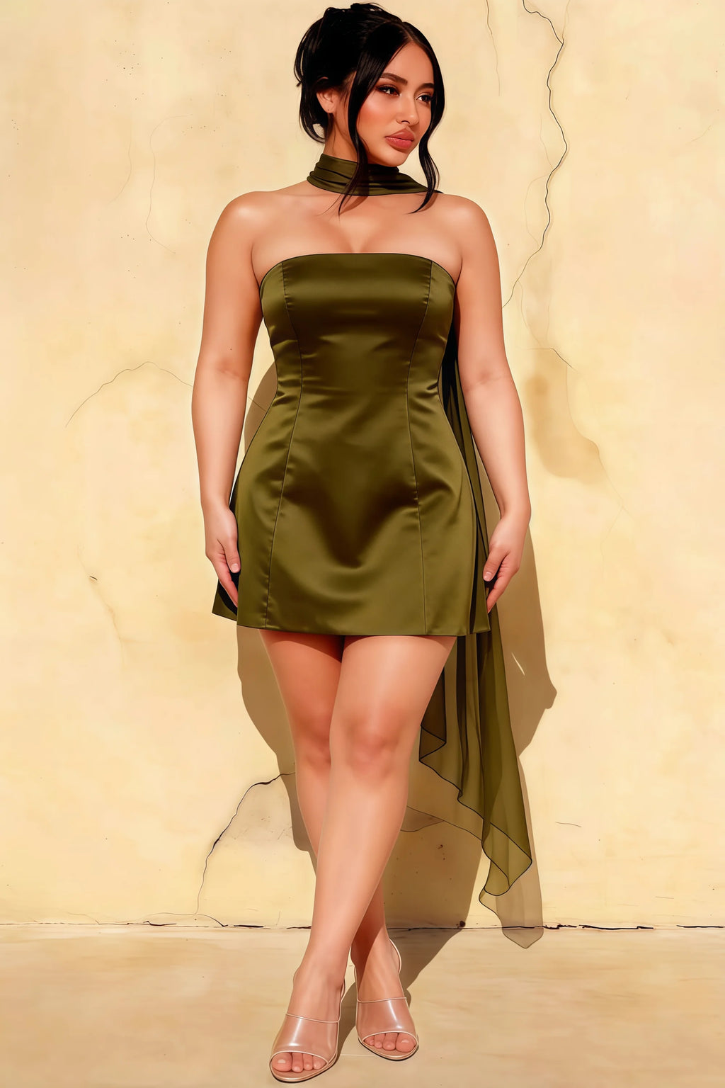 Curvy Model in LVLVS Candice Olive Green Mini Dress for Plus Size Graduation and Prom Celebrations