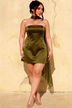 Curvy Model in LVLVS Candice Olive Green Mini Dress for Plus Size Graduation and Prom Celebrations