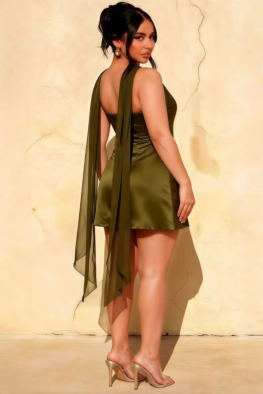 Back Profile of LVLVS Candice Olive Crepe Dress Worn by Plus Size Model for Elegant Evening Events