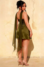 Back Profile of LVLVS Candice Olive Crepe Dress Worn by Plus Size Model for Elegant Evening Events