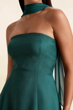 Detail Shot of LVLVS Candice Peacock Strapless Mini Dress | Luxurious Crepe Cocktail Dress with Chiffon Scarf
