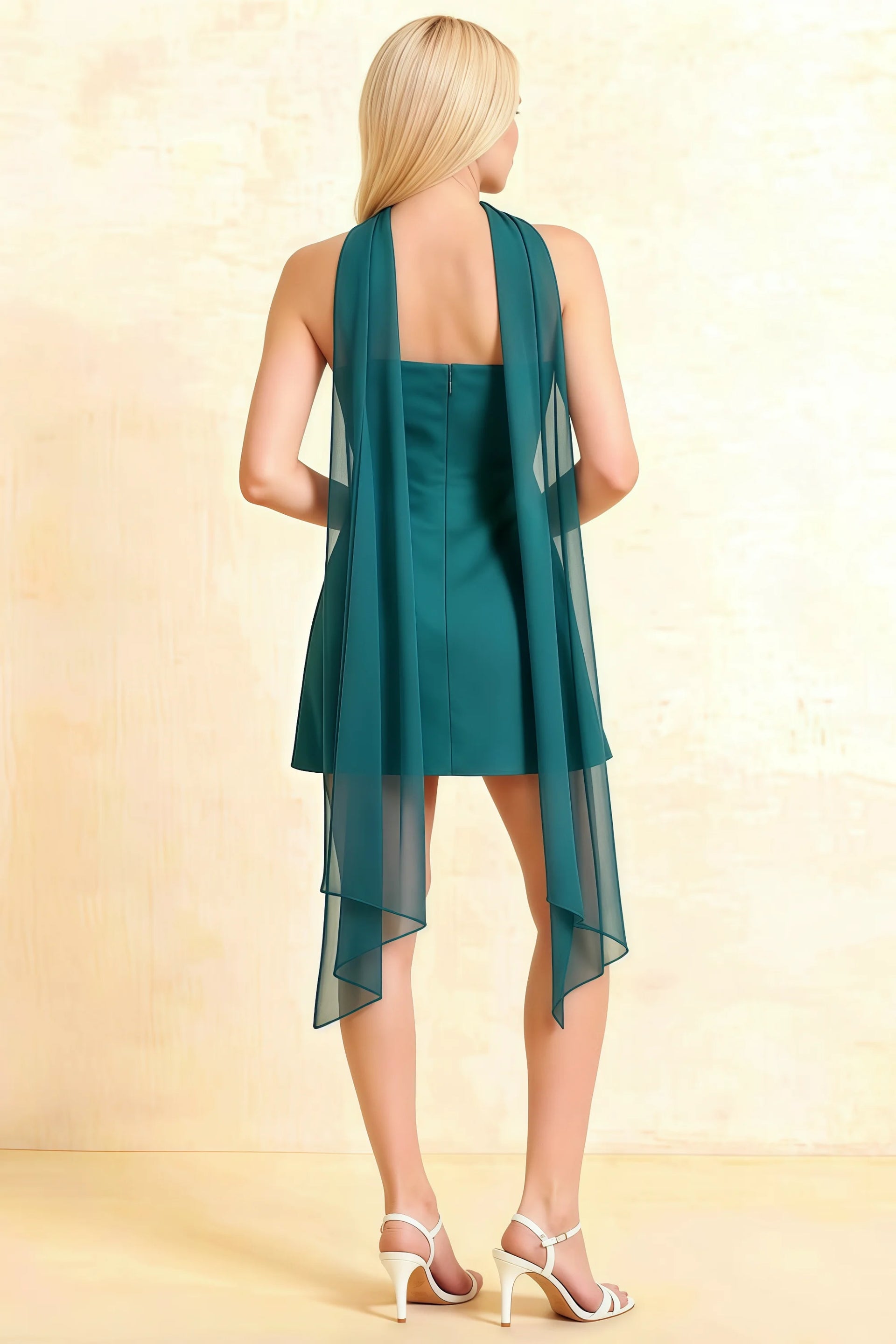 Back View of LVLVS Candice Peacock Strapless Mini Dress | Chic Crepe Formal Dress with Flowy Chiffon Scarf for Special Occasions