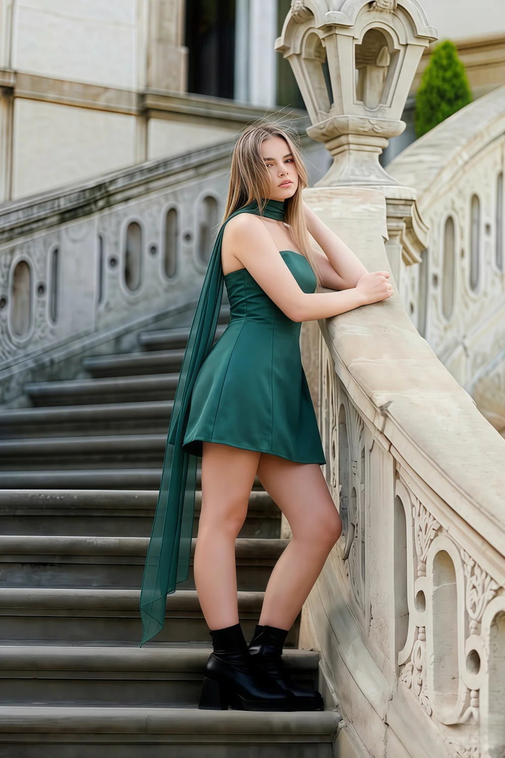 Real Customer in LVLVS Candice Peacock Strapless Mini Dress | Classy Day Party/Event Dress with Chiffon Scarf