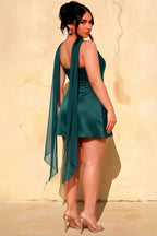 Back View of Plus Size LVLVS Candice Peacock Strapless Mini Dress | Inclusive Semi-Formal Dress with Neck Scarf