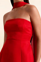 Detailed Fabric Shot of LVLVS Red Crepe Candice Dress, Close-Up of Strapless Bustier and Silk Feel Chiffon Scarf Detail