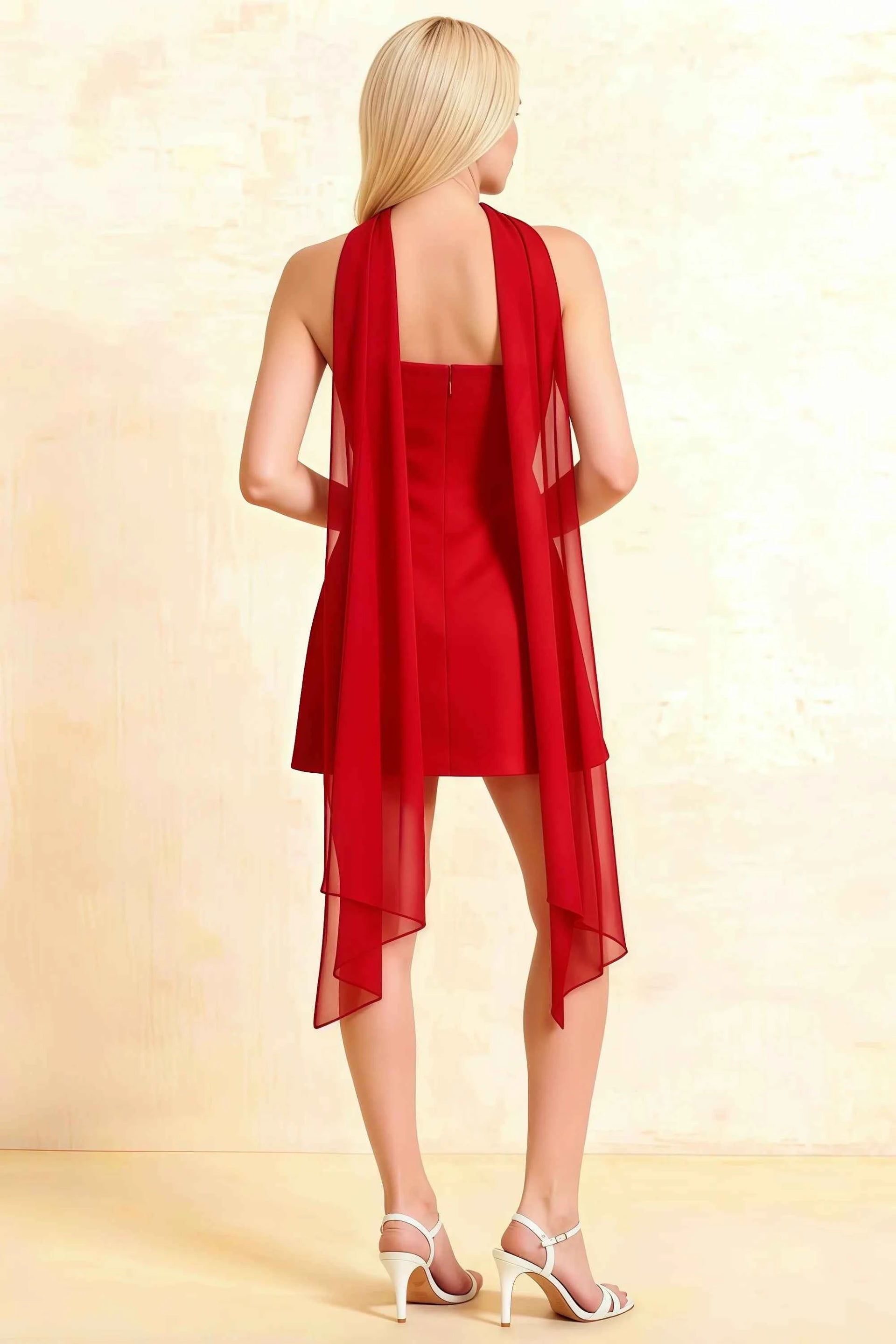 Elegant Back View of LVLVS Candice Red Mini Dress Featuring Flowing Chiffon Scarf Draped Over Shoulders