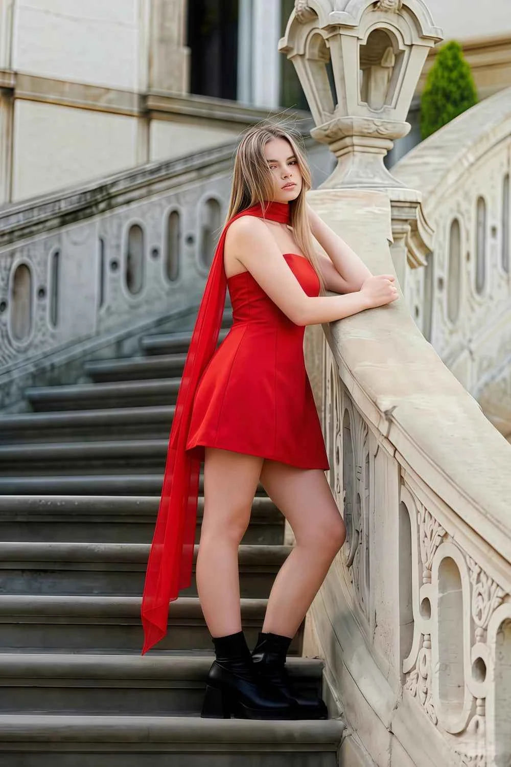 City Street Style Look with LVLVS Red Crepe Candice Dress and Black Boots, Back View Highlighting Long Chiffon Scarf Detail
