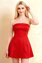 Close-Up Front View of LVLVS Red Crepe Candice Dress, Flattering Strapless Bodice with Attached Chiffon Scarf for Day Parties