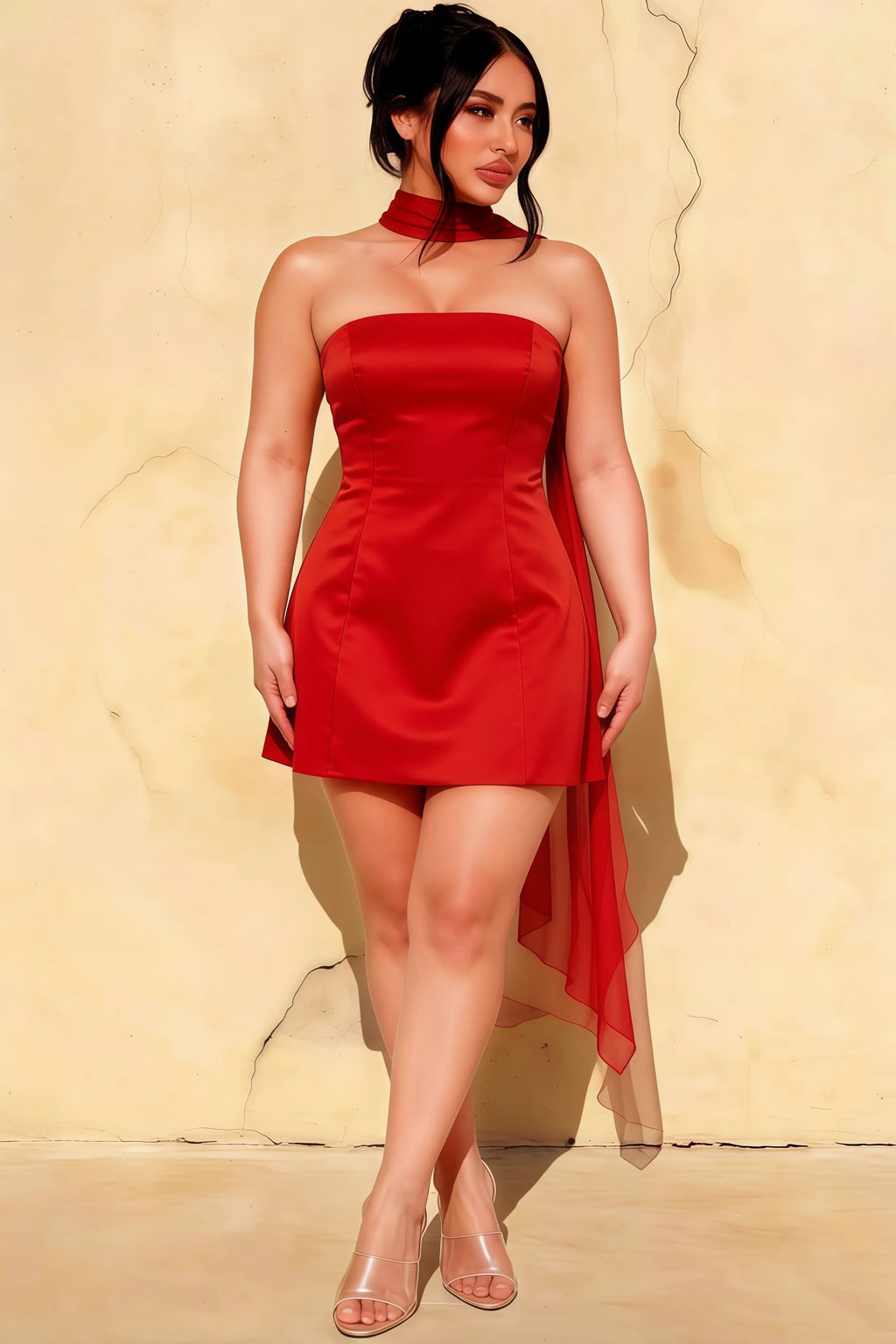Plus Size Model in LVLVS Red Candice Dress with Chiffon Scarf, Casual Going Out Look on Textured Wall Background