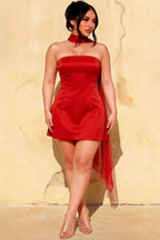 Plus Size Model in LVLVS Red Candice Dress with Chiffon Scarf, Casual Going Out Look on Textured Wall Background