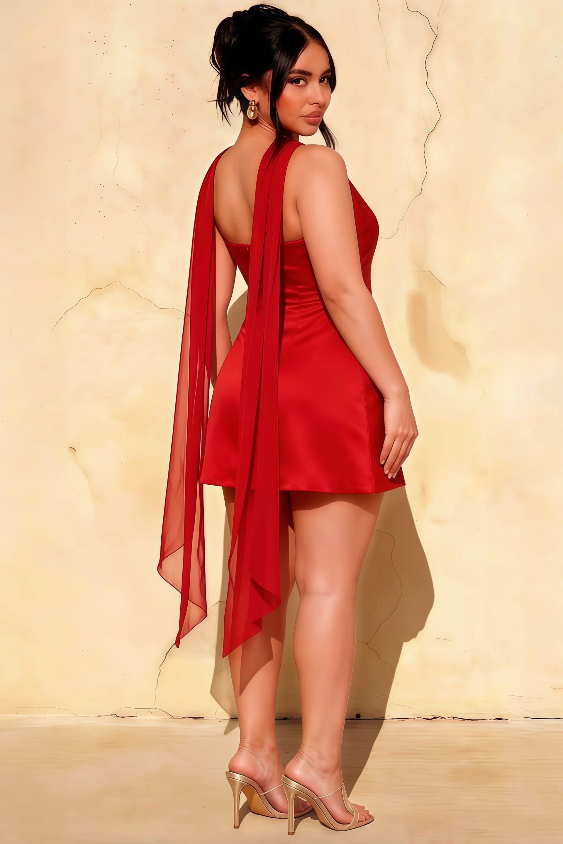 Back View of Plus Size LVLVS Red Strapless Mini Dress with Flowing Chiffon Scarf, Great for Curvy Women at Parties