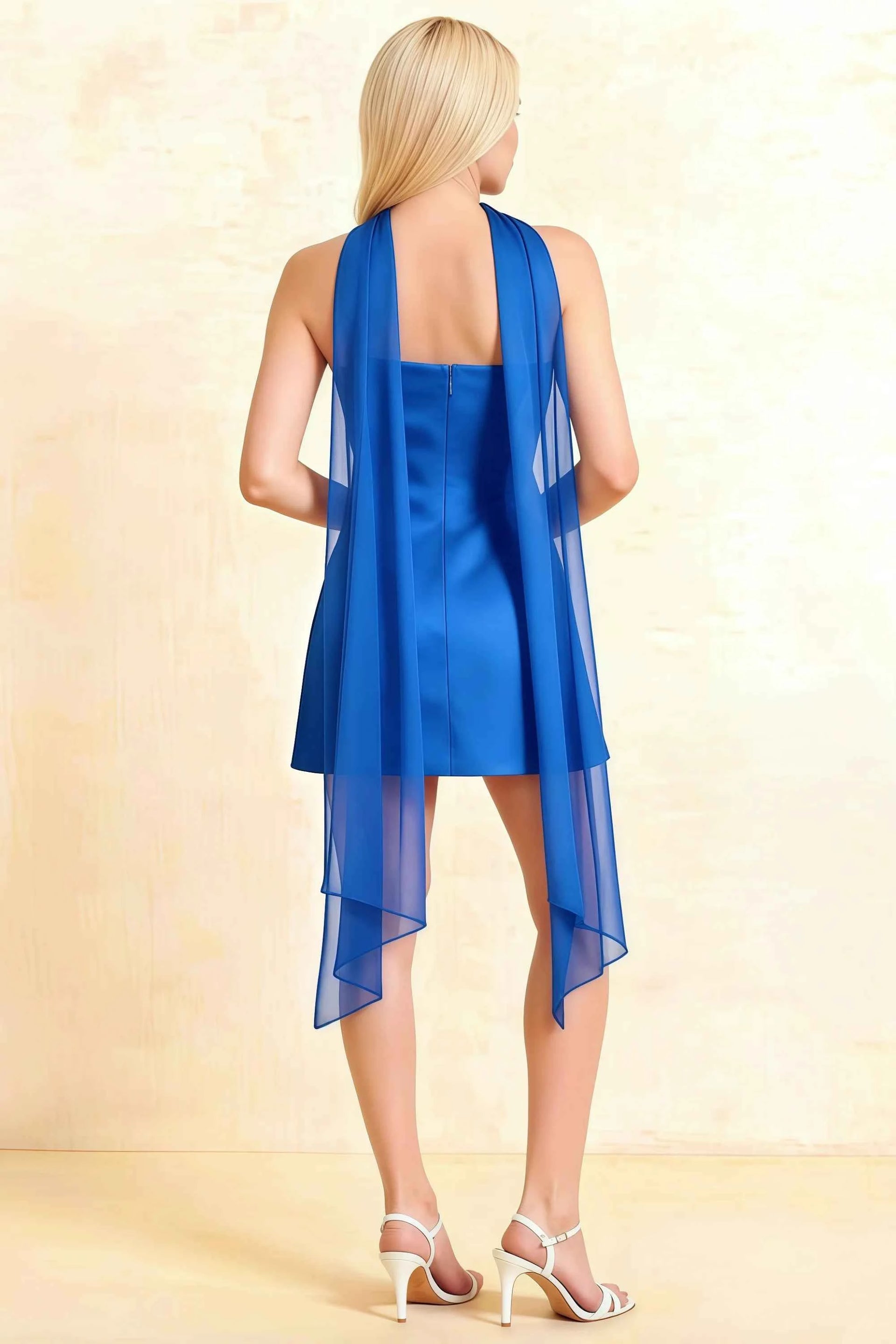 Back View of LVLVS Royal Blue Strapless Mini Dress Featuring Flowy Chiffon Scarf Detail for Formal Events