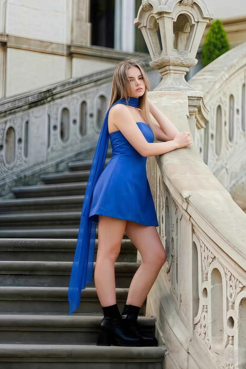 Street Style Look with LVLVS Royal Blue Crepe Dress and Chiffon Scarf Worn on City Stairs for Clubbing