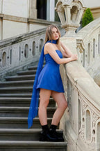 Street Style Look with LVLVS Royal Blue Crepe Dress and Chiffon Scarf Worn on City Stairs for Clubbing