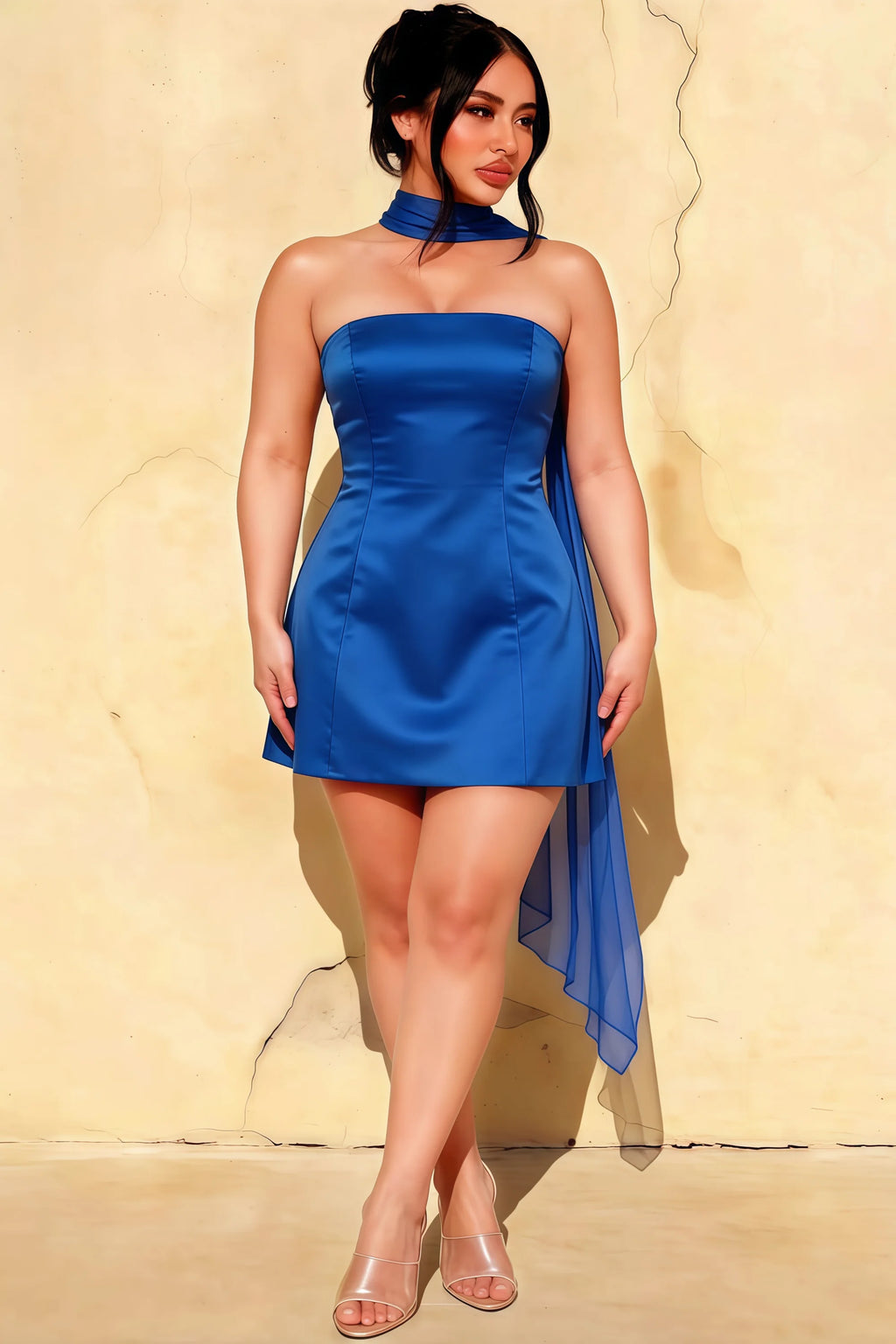 Plus Size Model in LVLVS Royal Blue Crepe Candice Dress with Chiffon Scarf for Curvy Bridesmaids and Parties