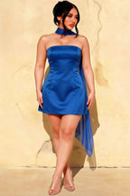 Plus Size Model in LVLVS Royal Blue Crepe Candice Dress with Chiffon Scarf for Curvy Bridesmaids and Parties