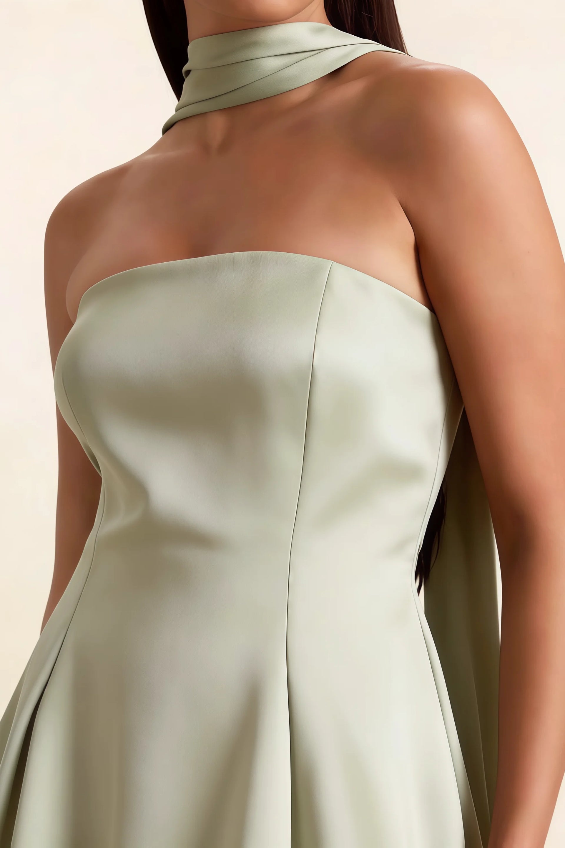 Detailed close-up of the Candice dress neckline, featuring the soft chiffon scarf and smooth crepe texture for a classy bridesmaid look.