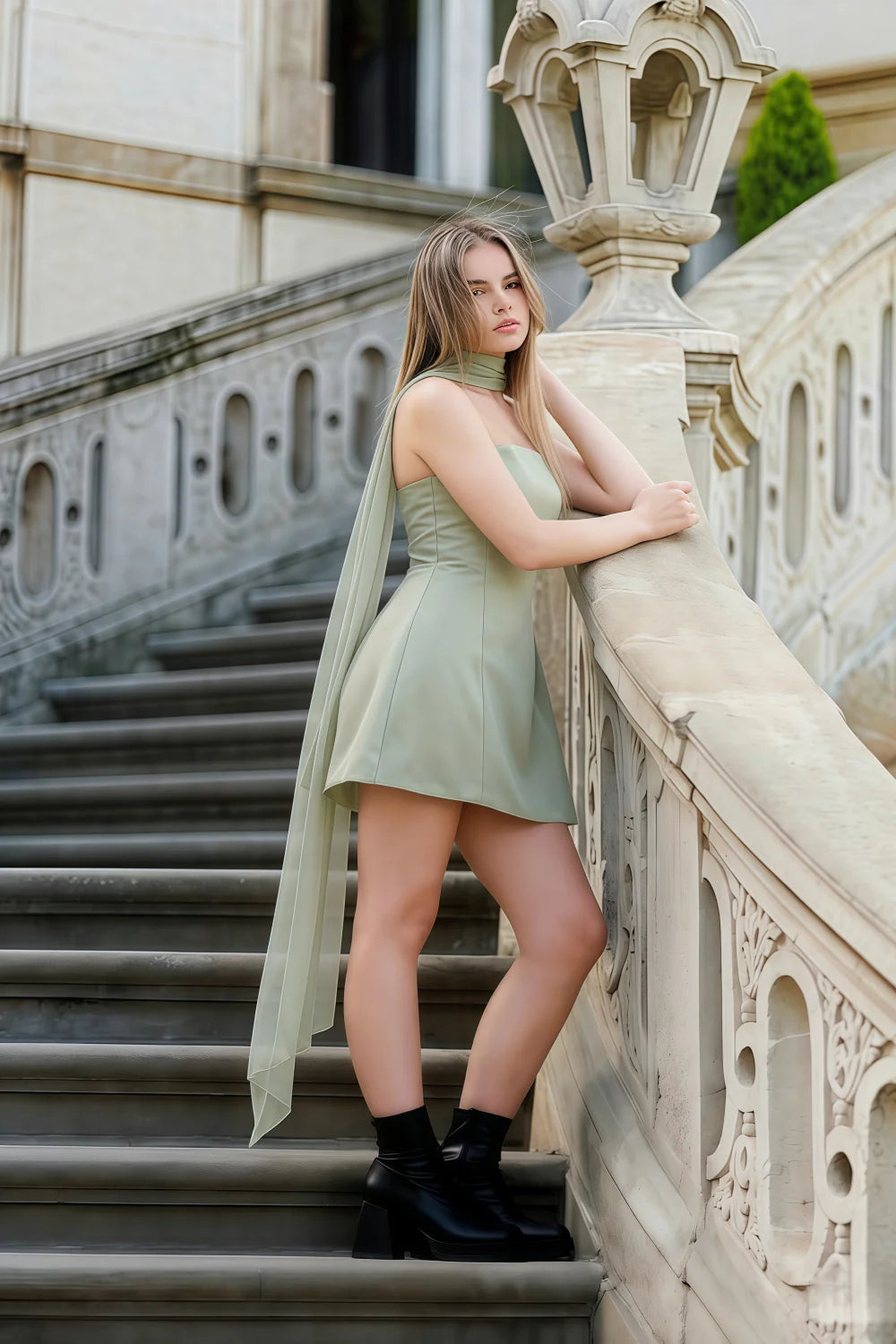 Plus size model in Candice sage green mini dress leaning on stairs, showcasing the dress's flattering fit and long chiffon scarf for semi-formal occasions.
