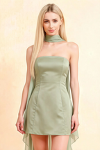 Close up front view of LVLVS Candice sage green strapless dress, highlighting the structured bodice and elegant chiffon neck scarf detail for weddings.