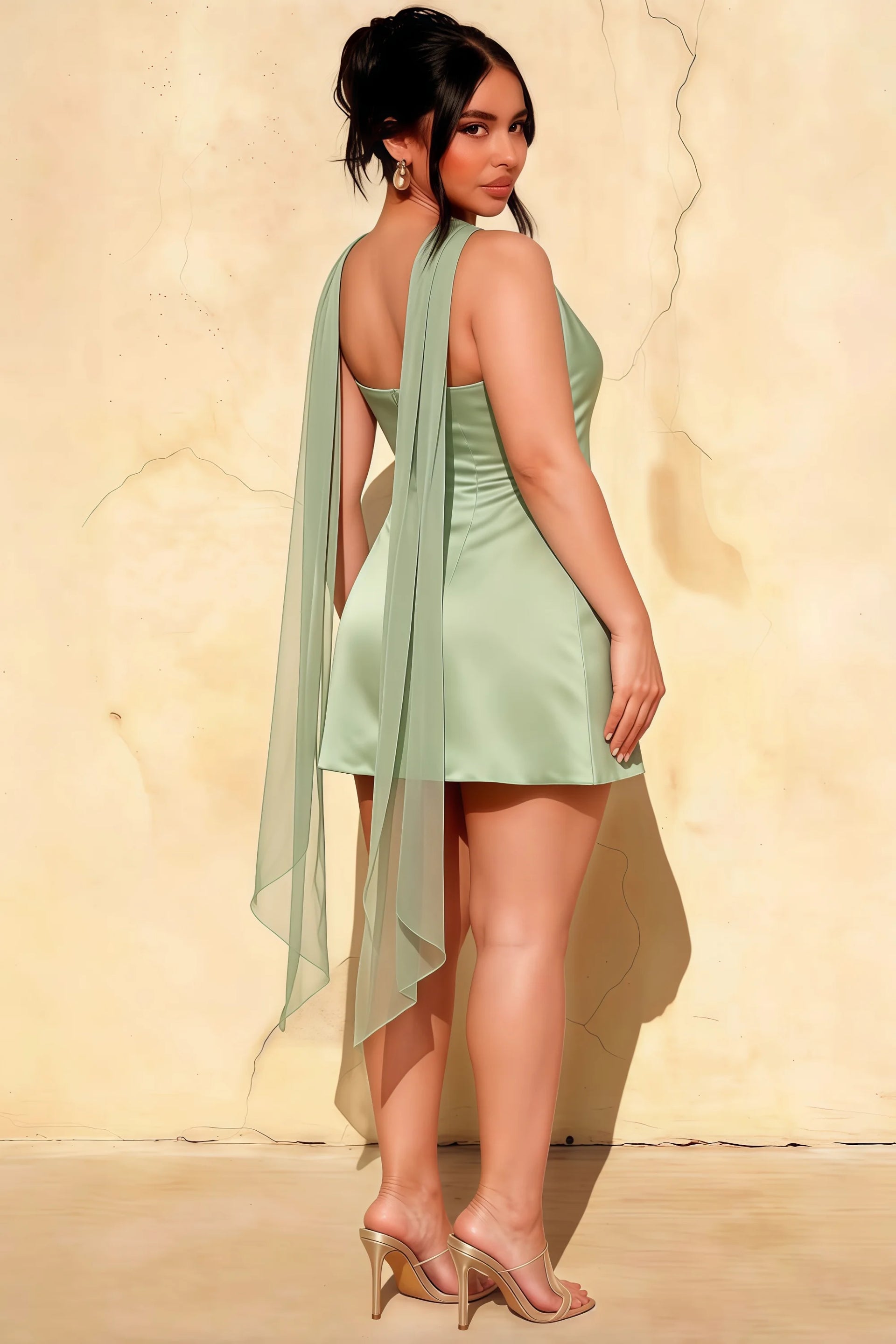 Plus size customer wearing elegant sage green Crepe mini dress with flowing scarf, back angle view perfect for party and evening wear.