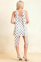 LVLVS Candice white polka dot dress back view open back design with flowing chiffon scarf detail