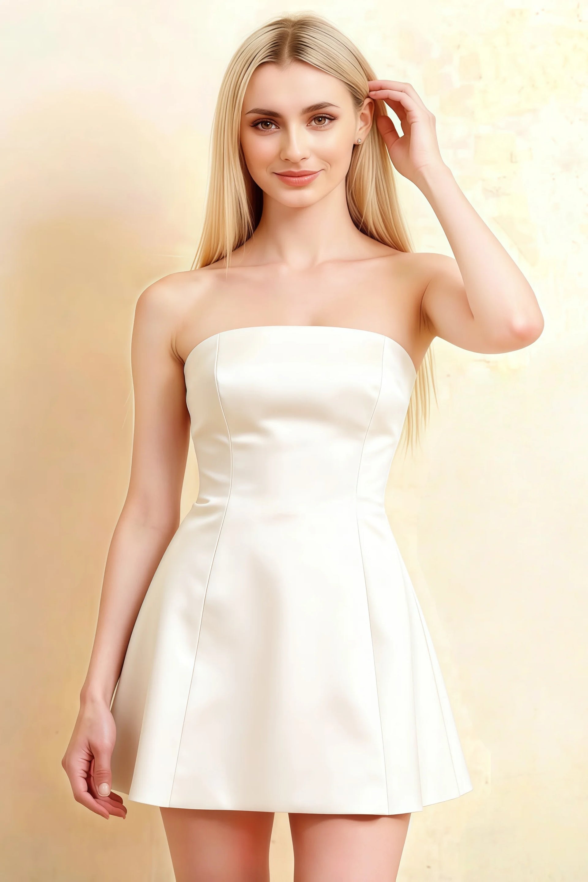 Front View LVLVS White Strapless Crepe Candice Dress Short Mini Skirt with Long Chiffon Scarf Evening Wear