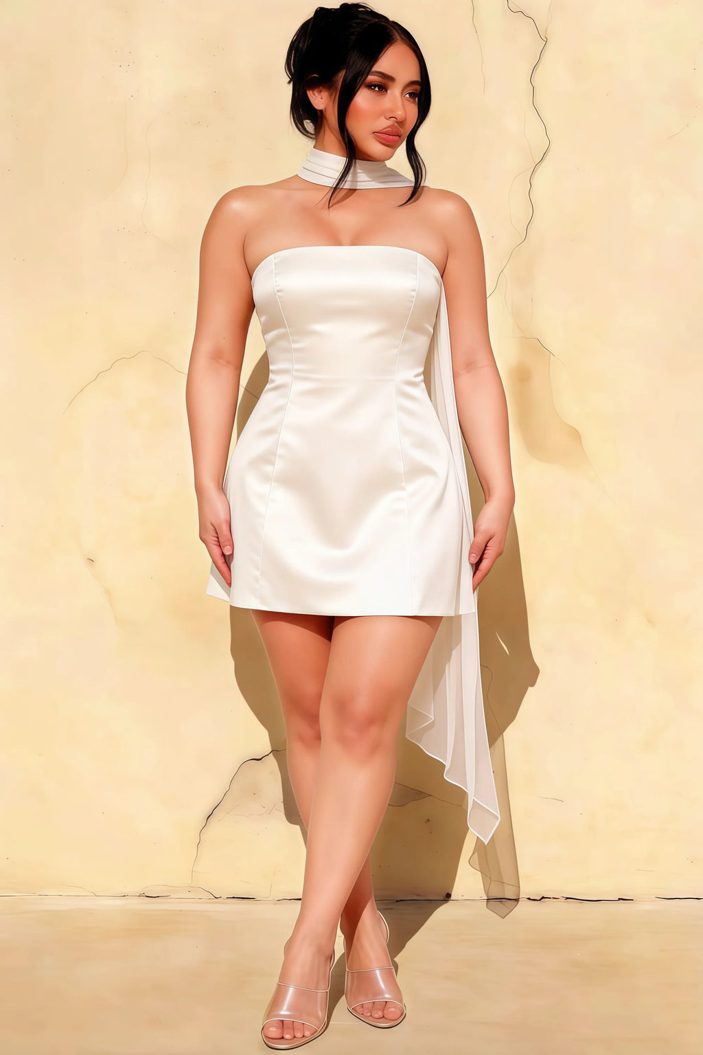 LVLVS Candice White Crepe Dress Plus Size Model Wearing Chic Neck Scarf Homecoming Graduation Party
