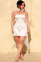LVLVS Candice White Crepe Dress Plus Size Model Wearing Chic Neck Scarf Homecoming Graduation Party
