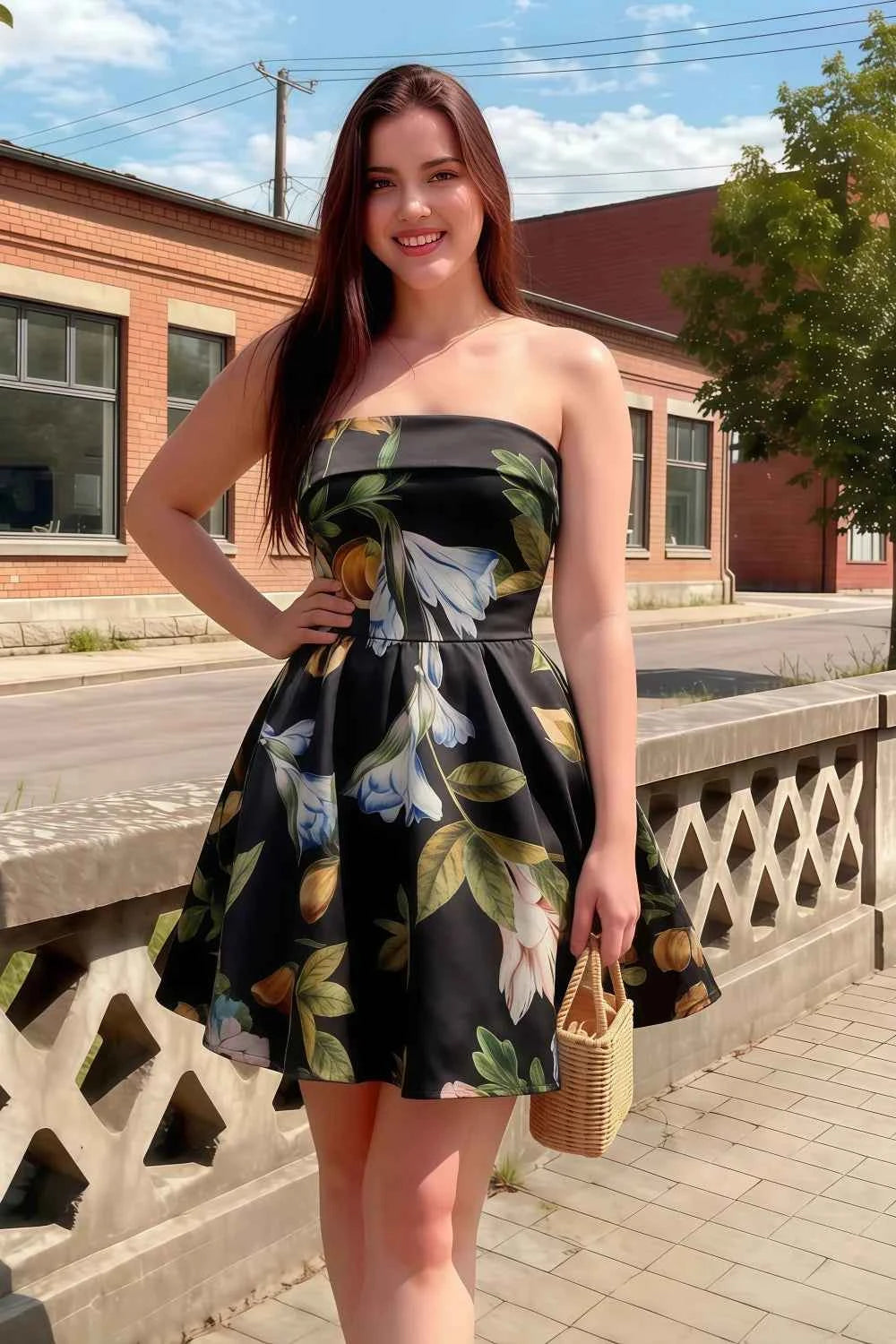 Cara Black Floral Women's Smocked-bodice Fit & Flare Mini Dress