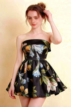 Cara Black Floral Women's Smocked-bodice Fit & Flare Mini Dress